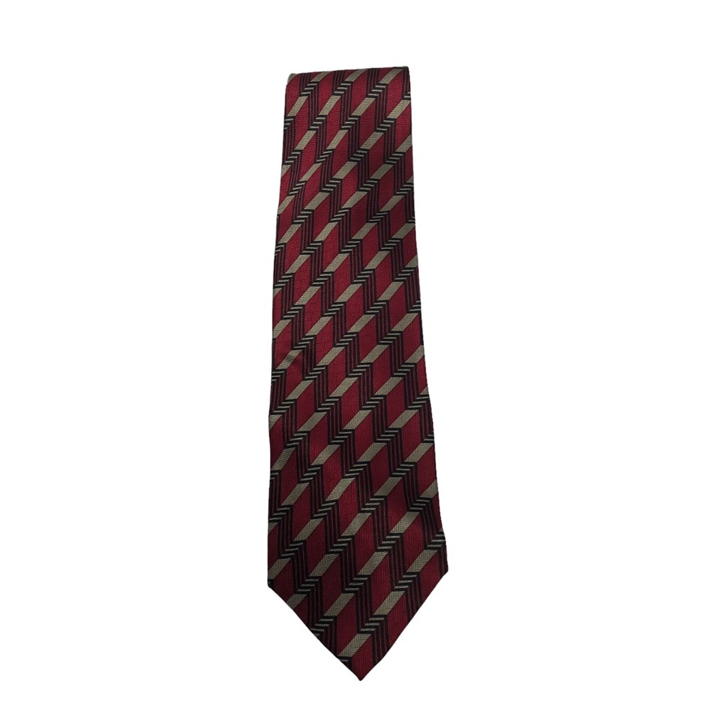 Vintage 80s Tied & True Red Taupe Black Print Silk Tie